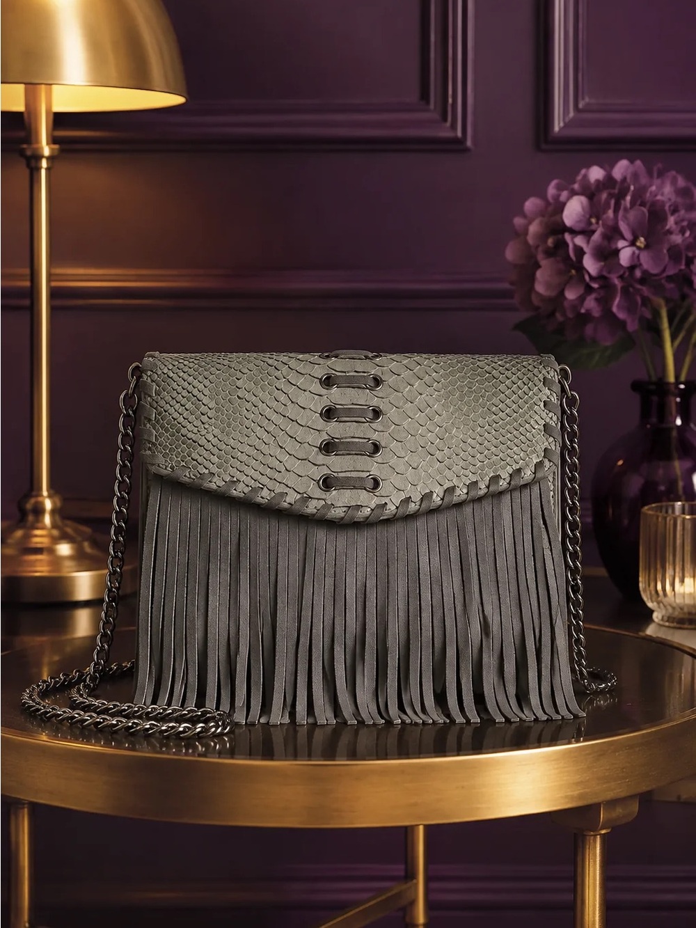 Fringed Grey Snake-Texture Crossbody Bag